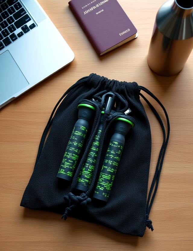 Portable jump rope coiled in a travel bag with a passport and water bottle